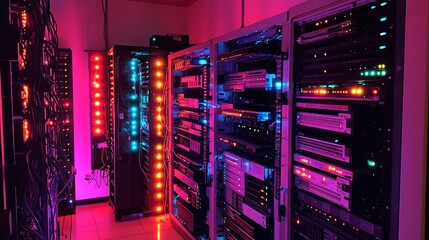 Poster - A server room with rows of servers. The servers are lit with colorful lights, and cables run along the ceiling.