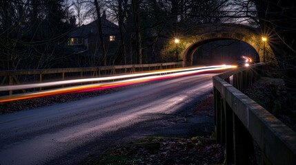 Poster - A tering of car light trails les in the distance as they traverse over a quaint oldfashioned bridge in the tranquil countryside.
