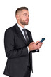© ImageFlow - A man in a suit and tie holding a smartphone, isolated on white background. Concept of communication, professionalism, and modern technology