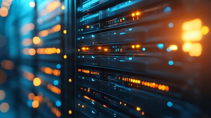 Poster - A long hallway in a server room, lit with orange lights.