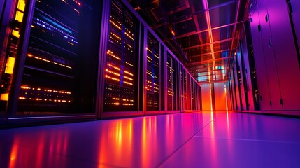 Poster - A server room with rows of server racks lit with bright, blue and pink lights.