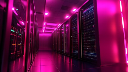 Poster - A long hallway of servers in a server room lit by pink and blue lights.