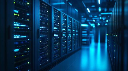 Poster - A server room with blue lights illuminating the racks.