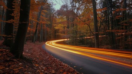 Poster - The vibrant colors of autumn leaves are enhanced by the golden light trails of passing cars creating a breathtaking contrast in the forest.