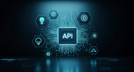 Poster - digital  API interface hologram with neon lines . Generative AI . Generative AI