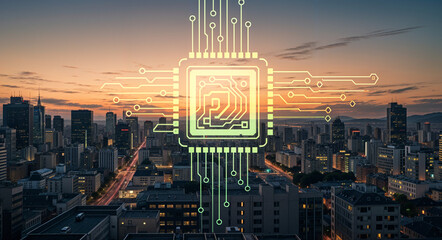 Poster - intertwining neon microcircuits and city streets . Generative AI