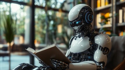 Aufkleber - In a serene and modern reading space, a hyper-realistic robot engages with a book, exploring the depth of human literature. Sunlight filters through large windows, creating a captivating atmosphere