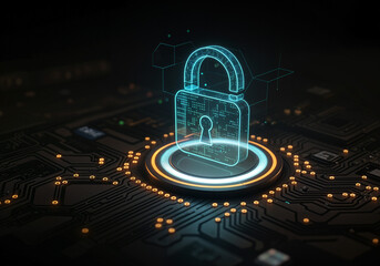 Poster - security lock icon. neon holographic cyber security interface . Generative AI