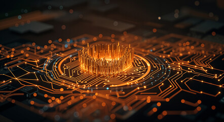 Poster - abstract technological background with 3d holographic  interface and microcircuits . Generative AI . Generative AI