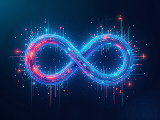 Poster - neon infinity sign in the form of intertwined digital lines of microcircuits . Generative AI