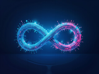 Poster - neon infinity sign in the form of intertwined digital lines of microcircuits . Generative AI
