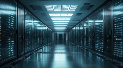 Poster - A hallway in a server room with many rows of black servers lit with blue neon lights.