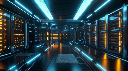 Poster - A server room lit with neon lights, with rows of server racks.