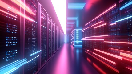 Poster - A futuristic server room with neon lights.