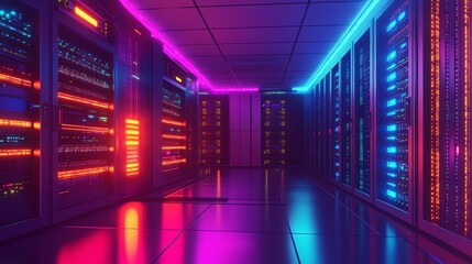 Poster - A server room lit with purple and blue neon lights.