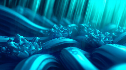 Poster - Abstract Blue Swirls and Crystalline Formations: A Digital 3D Render of a Futuristic, Teal-Tinted,  Ocean-Like Landscape