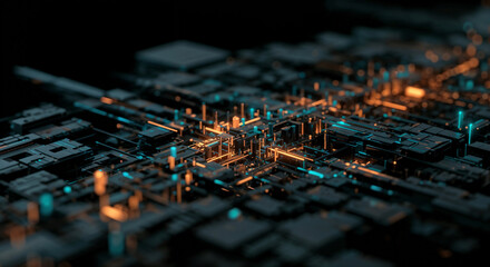 Poster - abstract technological background with 3d texture of cyber mechanisms and microcircuits . Generative AI