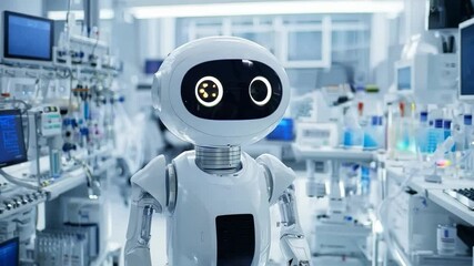 Poster - innovative robot explores modern laboratory filled with advanced technology and equipment