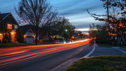 Poster - In the hushed landscape of a suburban street the light trails of passing cars create a vibrant visual display.
