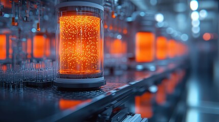 Poster - A futuristic laboratory scene with glowing containers and scientific equipment.