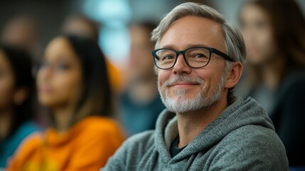 Poster - In a dynamic workshop focused on personal growth, an older man with glasses and a friendly smile actively listens. Surrounding participants contribute to the engaging atmosphere