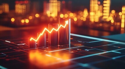 Poster - A 3D illustration of a bar chart with a glowing orange arrow rising above it, symbolizing growth.