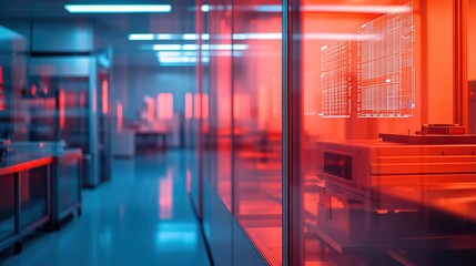 Poster - A high-tech laboratory with red lighting and monitors displaying data.