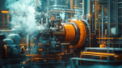 Poster - Industrial machinery with pipes and steam, showcasing engineering and technology.