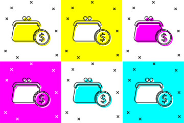 Poster - Set Wallet with coins icon isolated on color background. Purse icon. Cash savings symbol. Vector