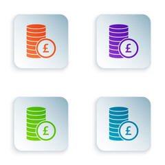 Poster - Color Coin money with pound sterling symbol icon isolated on white background. Banking currency sign. Cash symbol. Set colorful icons in square buttons. Vector