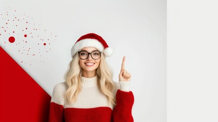 Wall Mural - woman dressing like Santa Claus and pointing her finger up on white background.
