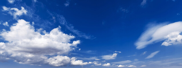 Wall Mural - panorama with white clouds in a blue sky. Background with a copy space
