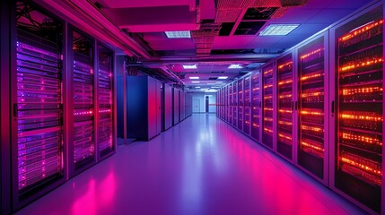 Poster - A server room with rows of server racks, lit by blue and pink lights.