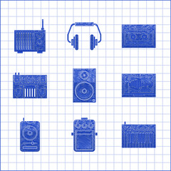 Poster - Set Stereo speaker, Guitar pedal, Music synthesizer, Sound or audio recorder on laptop, player, DJ remote for playing and mixing music, Retro cassette tape and Radio with antenna icon. Vector