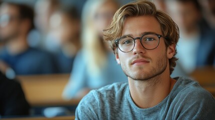Poster - In a university lecture hall filled with attentive students, a focused young man with glasses contemplates the lecture