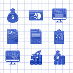 Poster - Set Document, Rocket flying up on coins growth chart, Money bag and, Clipboard with graph, Computer monitor, Resume, resume and icon. Vector