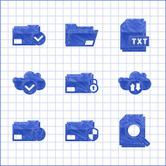 Poster - Set Folder and lock, Document folder protection, with search, Cloud download upload, Delete, check mark, TXT file document and icon. Vector