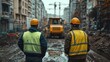 ©  Dreamy Shots - Two construction workers in reflective vests and helmets overseeing urban development site, excavator in action, large-scale city infrastructure project, teamwork and labor focus.