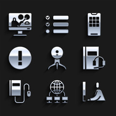 Poster - Set Web camera, Computer network, Student working at laptop, Audio book, Electronic with mouse, Information, Mobile phone and Online education icon. Vector