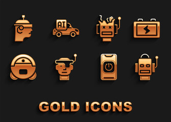 Poster - Set Smart glasses, Battery, Robot, Turn off robot from phone, vacuum cleaner, Broken, and Autonomous smart car icon. Vector