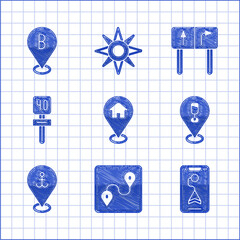 Poster - Set Location with house, Route location, City map navigation, Alcohol or beer bar, anchor, Road traffic sign, and icon. Vector