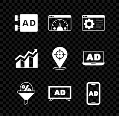 Poster - Set Advertising, Website statistic, Browser setting, Lead management, Financial growth increase and Target icon. Vector
