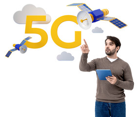 Poster - Man holding tablet pointing at a 5G text with satellite imagery, surrounded by clouds. White background. Concept of technology and communication
