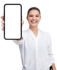 Poster - Smiling individual holding a smartphone with blank screen, dressed in white attire, isolated on a white background, showcasing technology and design concepts