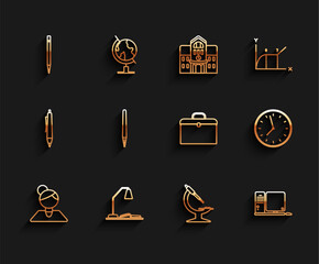 Fototapete - Set line Teacher, Workplace with table lamp and open book, Pencil eraser, Microscope, Computer monitor keyboard mouse, Clock and Briefcase icon. Vector