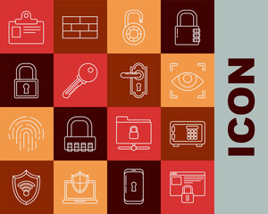 Poster - Set line Secure your site with HTTPS, SSL, Safe, Eye scan, combination lock wheel, Key, Lock, Identification badge and Door handle icon. Vector