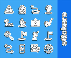 Poster - Set line Location on the globe, Flag, Route location, Map marker with silhouette of person, Folded map, Exclamation in triangle and Laptop icon. Vector