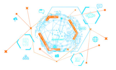 Poster - Abstract AI assistant design displaying hexagonal icons, digital nodes, and technological connections. White background, futuristic concept, 3D Rendering