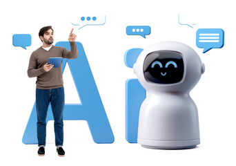 Poster - A man holding a tablet points at floating speech bubbles near a smiling AI robot, with large blue AI text on a clean white background