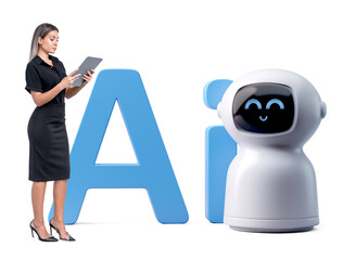 Poster - Businesswoman holding a tablet, standing beside a smiling robot and large AI letters, isolated on a clean white background, concept of technology